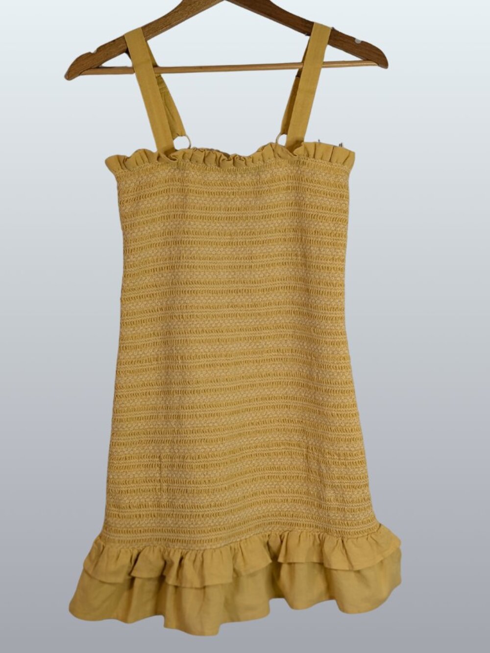 American Eagle Smocked Cotton Linen Ruffle Mini Dress Yellow S Cottagecore EUC - Picture 3 of 12